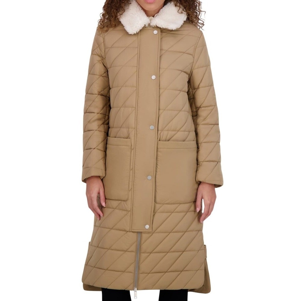 NWT Andrew Marc Maxine Quilted Coat with Faux Shearling‎ Collar M Khaki Tan Long